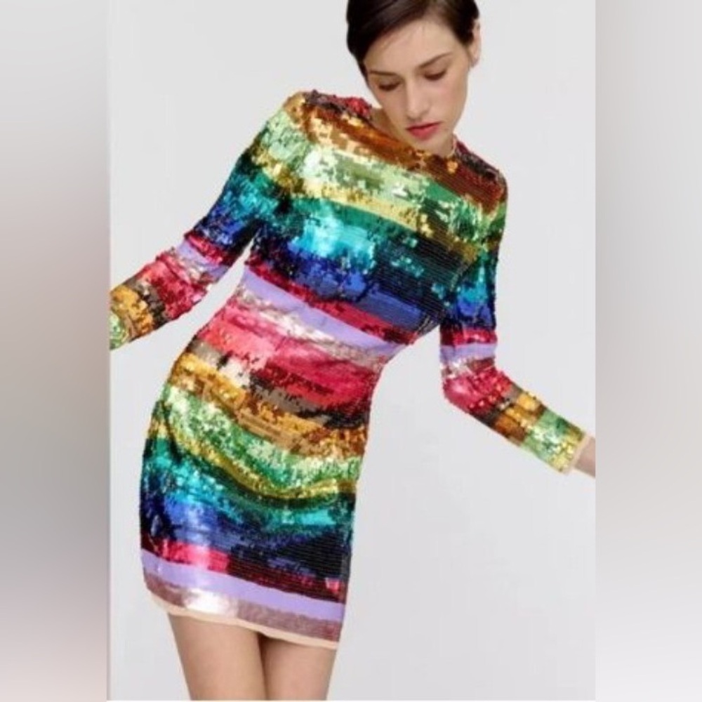 Mac Duggal Striped Sequin Long Sleeve Dress